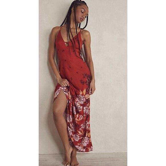 Free People Get To You Floral Maxi Slip Dress In Scarlet Combo - Picture 1 of 10
